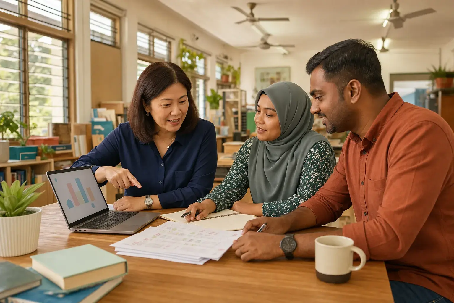 Illustrative scene of a Science HOD and two teachers reviewing an approved class pattern together