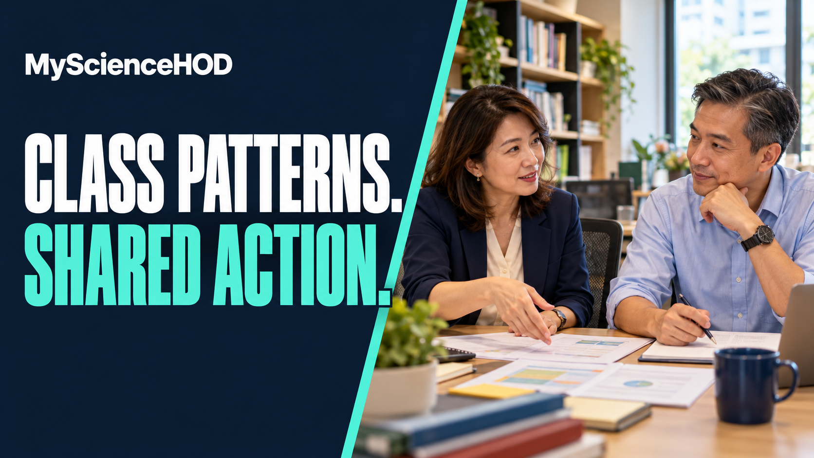 MyScienceHOD: Class patterns. Shared action. Illustrative adult teachers discussing teaching materials