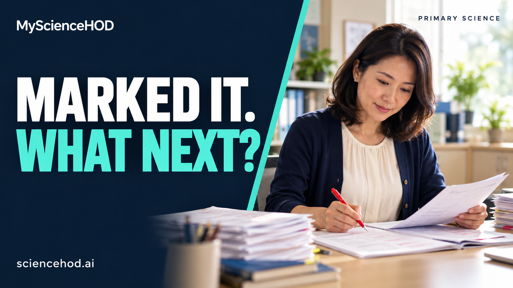 MyScienceHOD: Marked it. What next? Illustrative adult teacher reviewing papers at a work desk