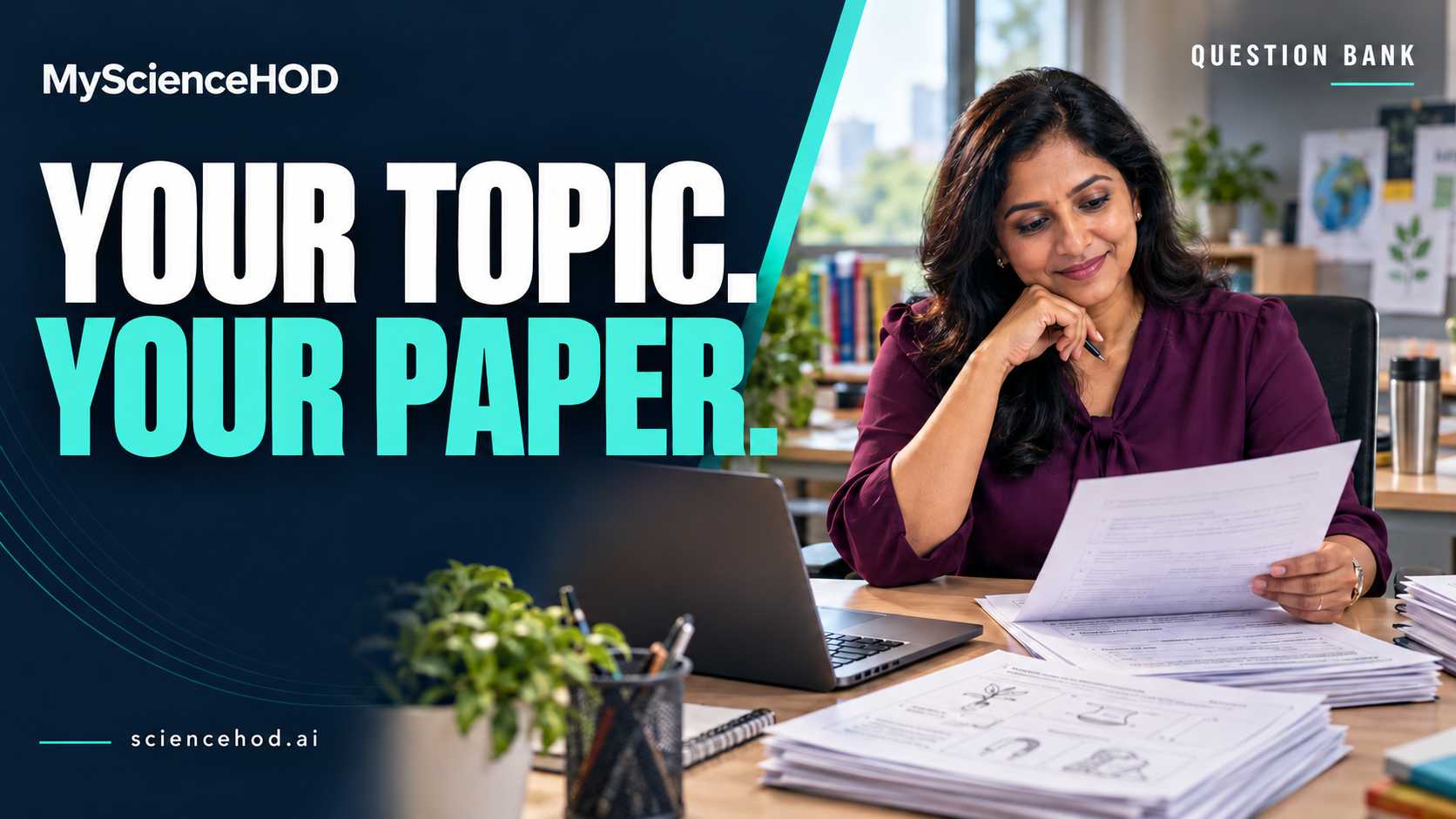 MyScienceHOD Question Bank: Your topic. Your paper. Illustrative adult teacher reviewing a practice paper