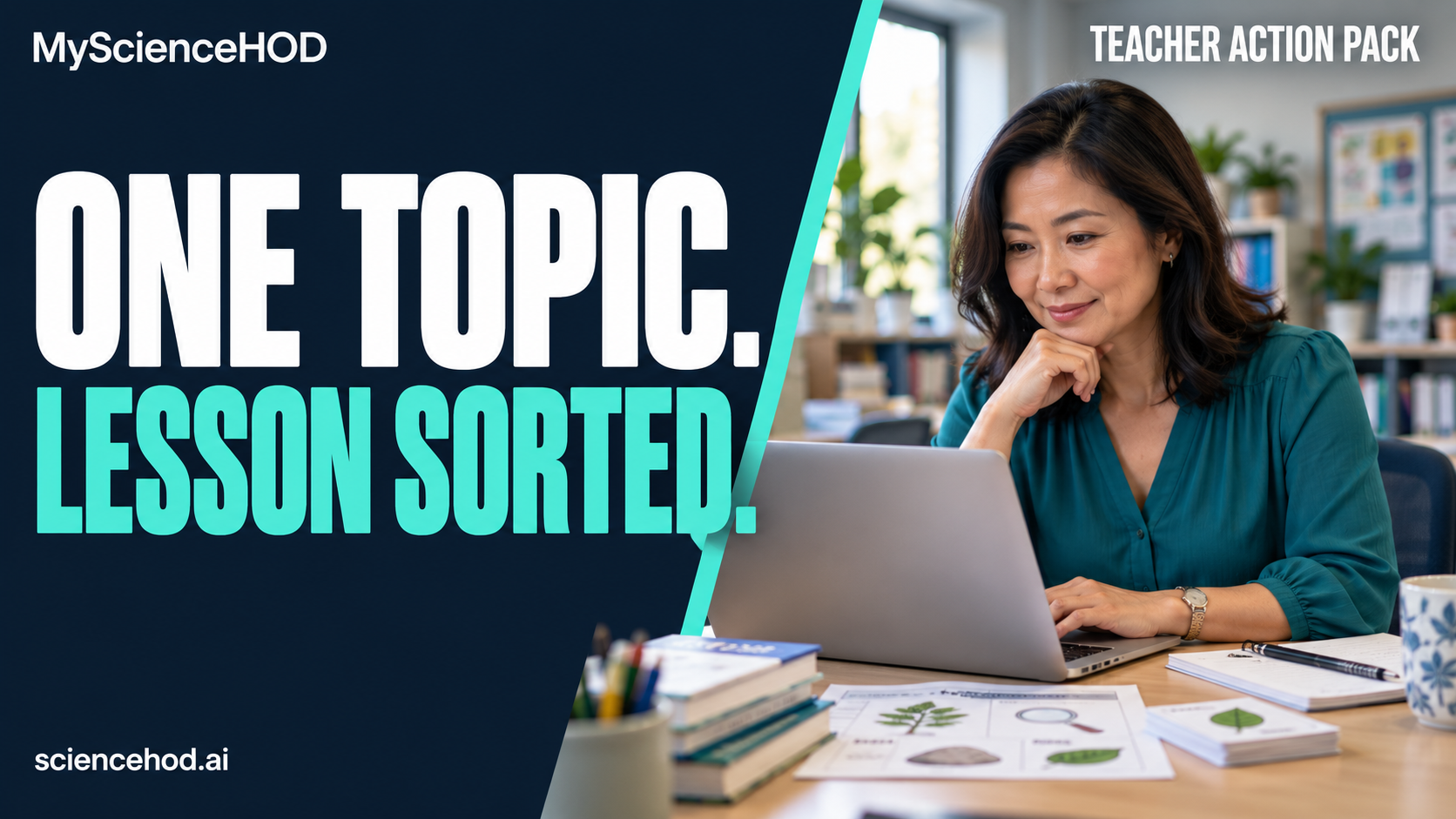 MyScienceHOD Teacher Action Pack: One topic. Lesson sorted. Illustrative adult teacher preparing a lesson at a laptop