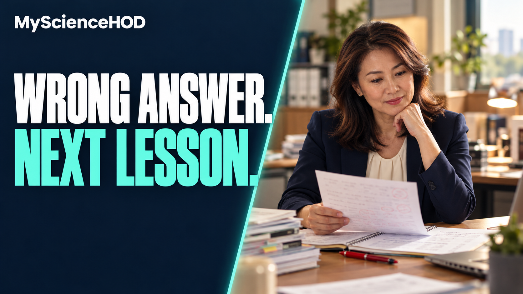 MyScienceHOD: Wrong answer. Next lesson. Illustrative adult teacher considering a lesson at a laptop